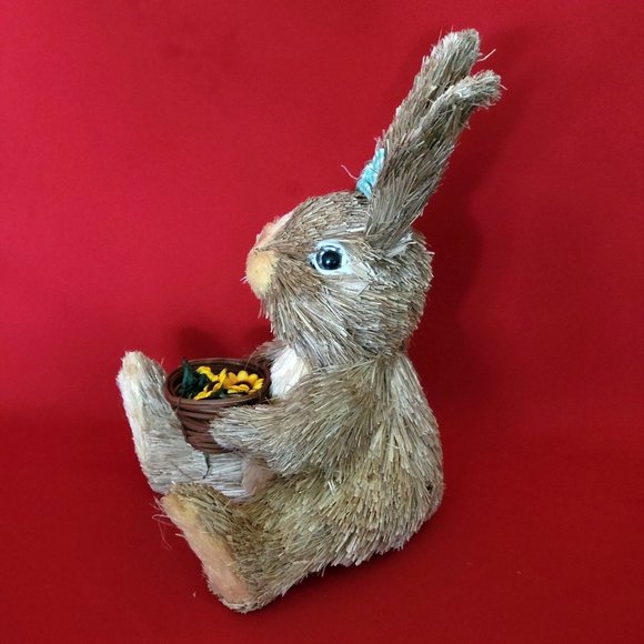 Sisal Bunny Rabbit Holding a Basket of Sunflowers Green Ribbon Decor Figure East - Picture 5 of 13